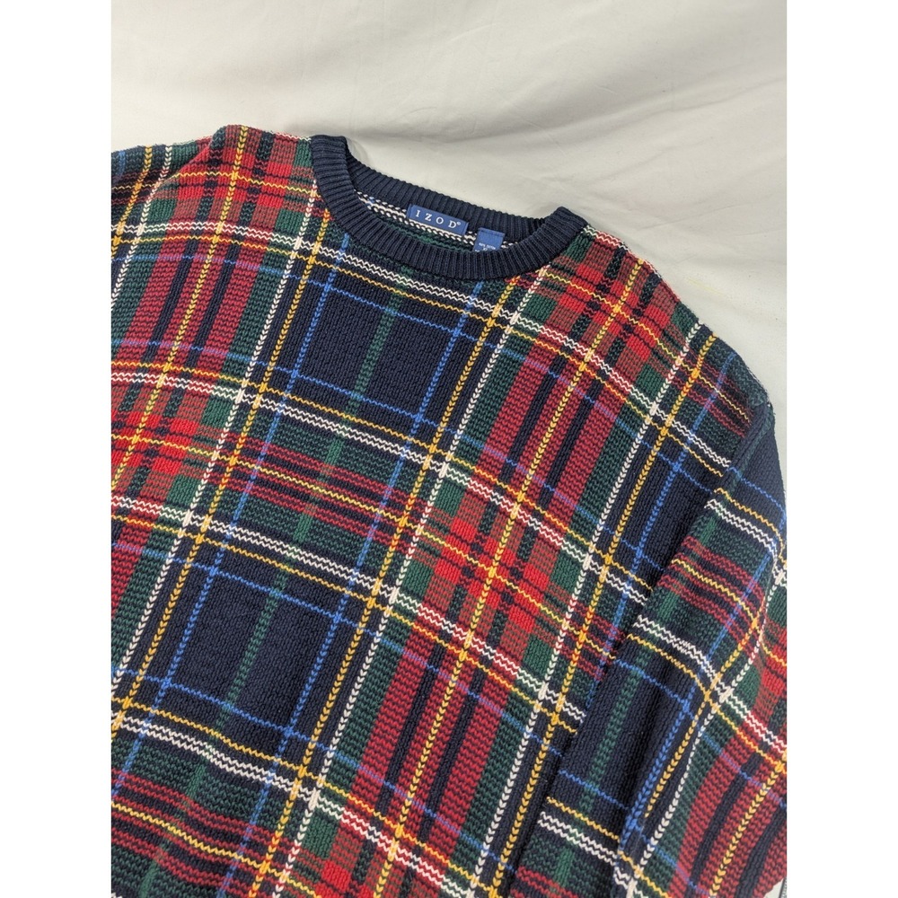 Vintage IZOD Sweater XL 90s Blue Green Plaid Pattern 100% Cotton Heavy Knit